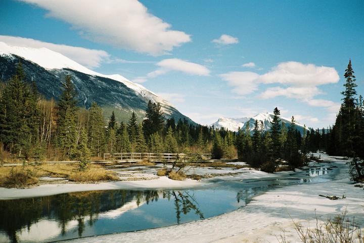 A partially frozen river reflects a snow-capped mountain range and a forest of pine trees under a blue sky with clouds.