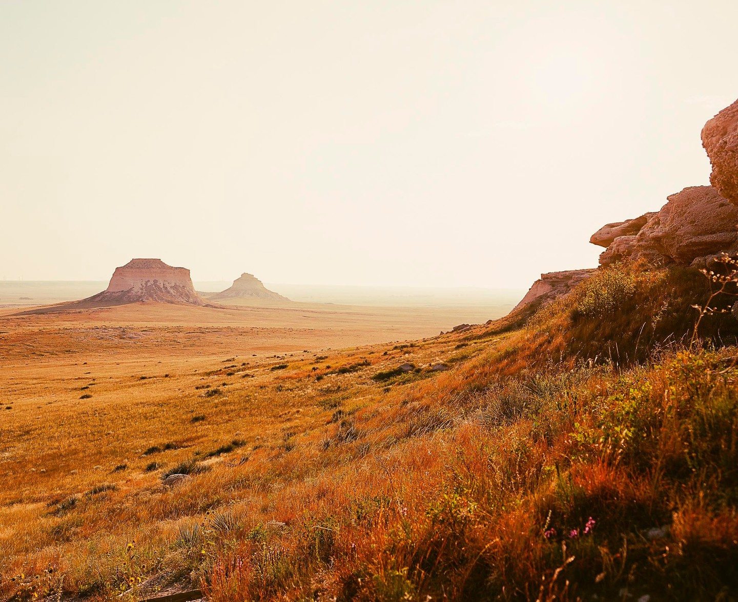 A vast, dry landscape with two buttes in the distance and a rocky, grassy slope in the foreground.