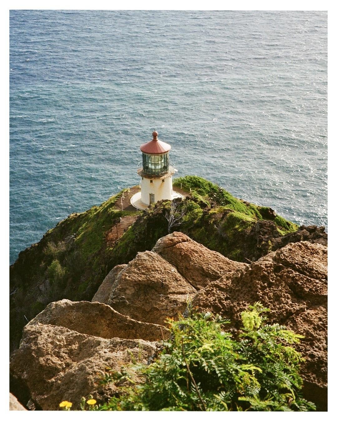 A lighthouse stands on a green cliff overlooking the ocean, with large rocks and green foliage in the foreground.
