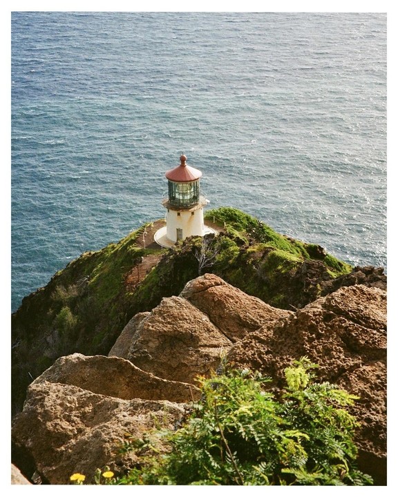 A lighthouse stands on a green cliff overlooking the ocean, with large rocks and green foliage in the foreground.
