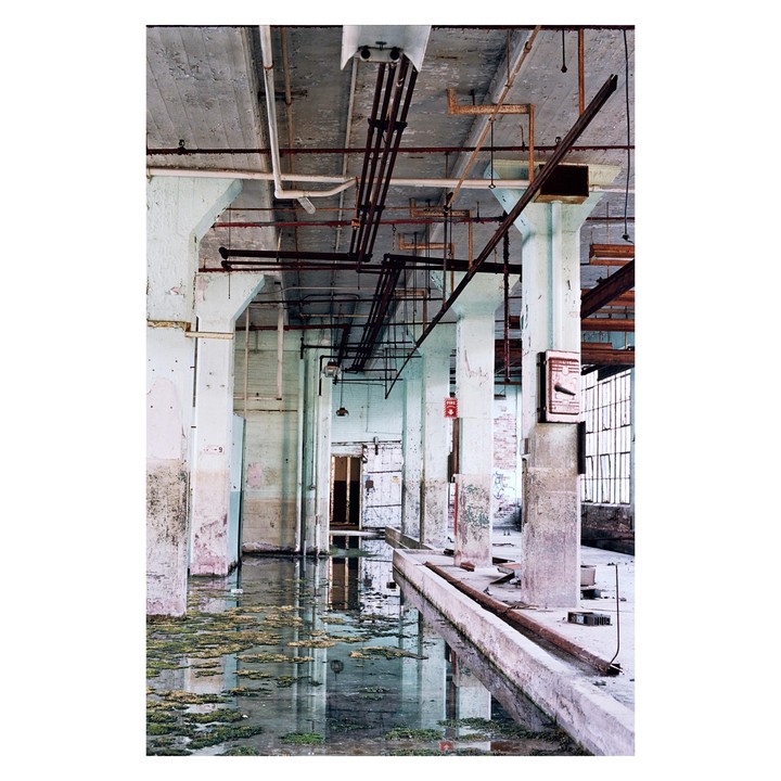 A flooded abandoned industrial building with moss growing in the water.