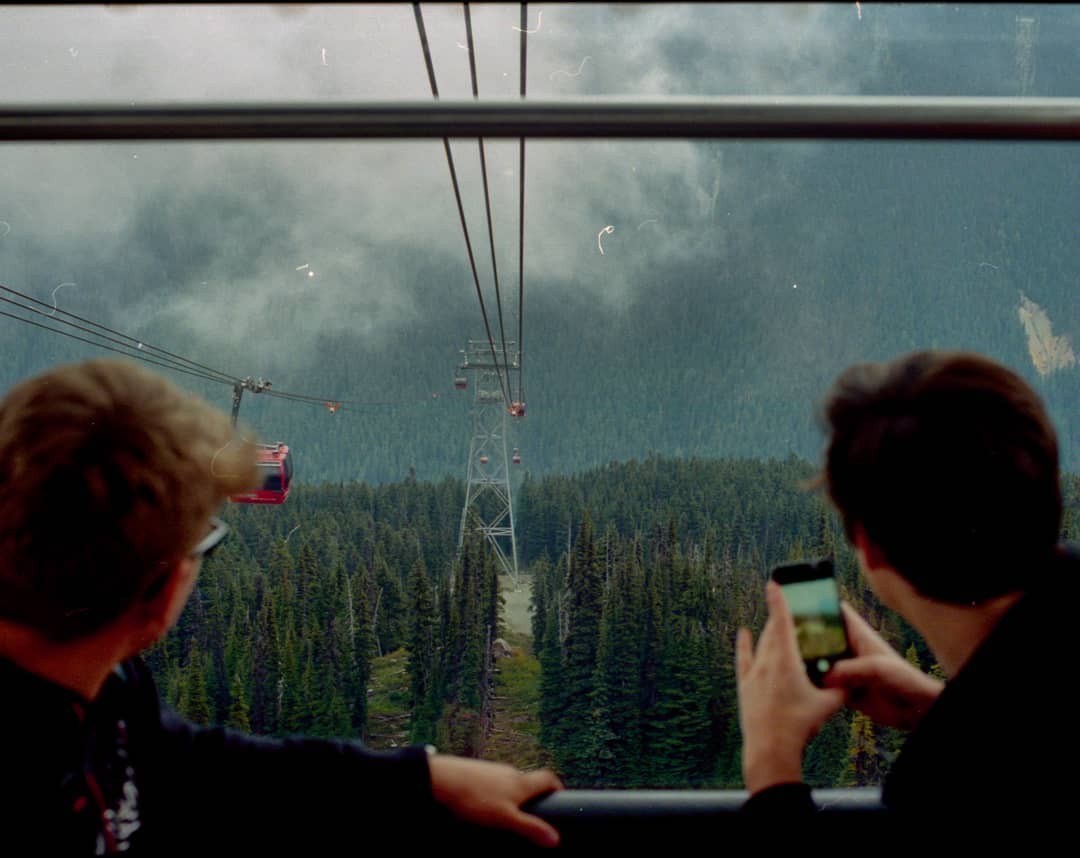 Two people look out from a gondola at a forest and another gondola.