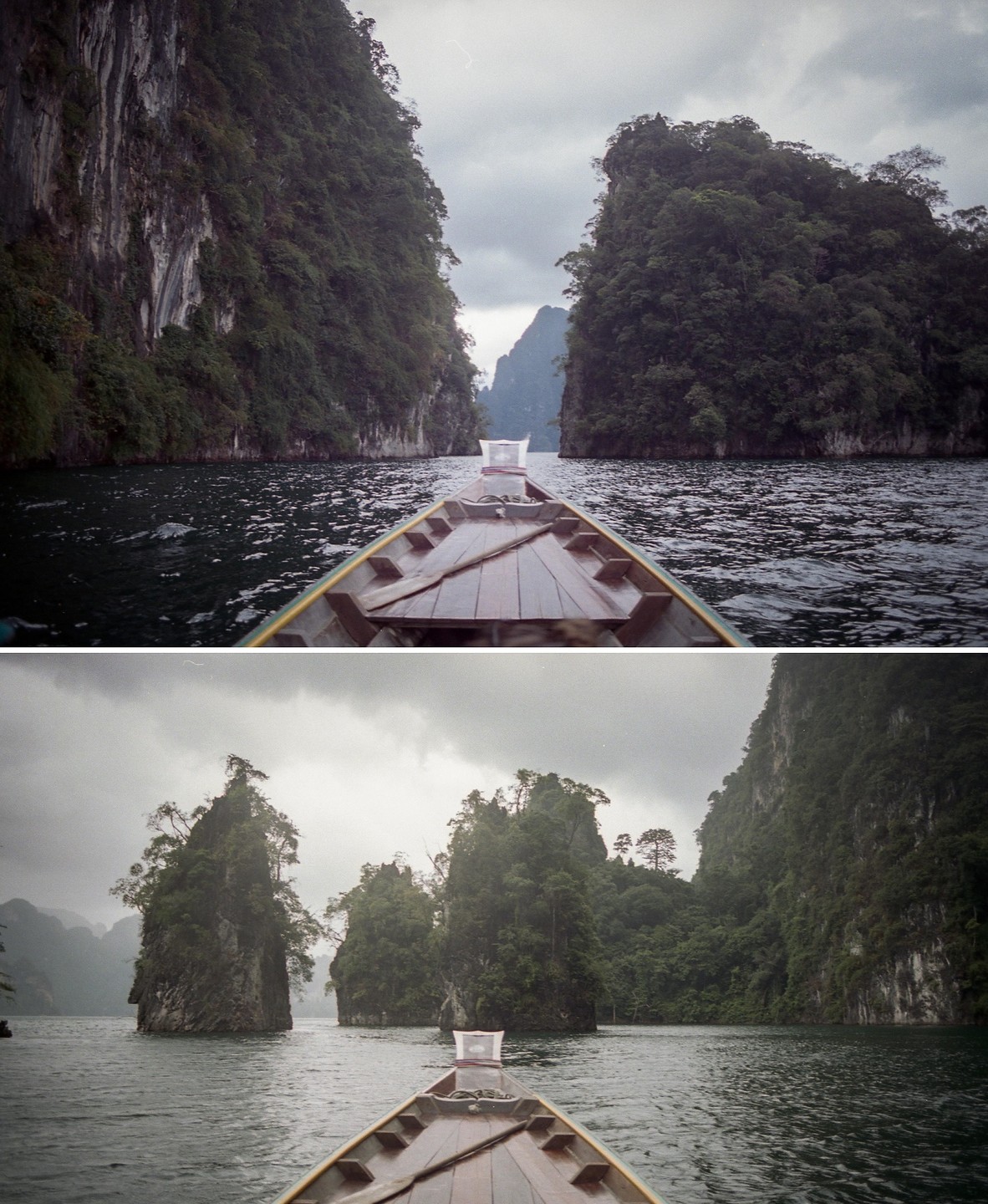 A boat travels through a narrow channel between two large, tree-covered rock formations in a body of water under a cloudy sky.
