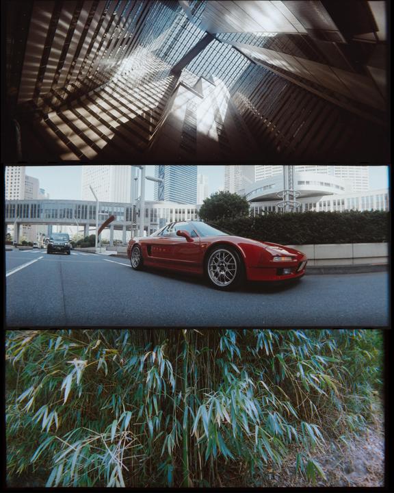 Three distinct images are presented in a vertical triptych, featuring an architectural interior, a red sports car on a city street, and a dense bamboo forest.