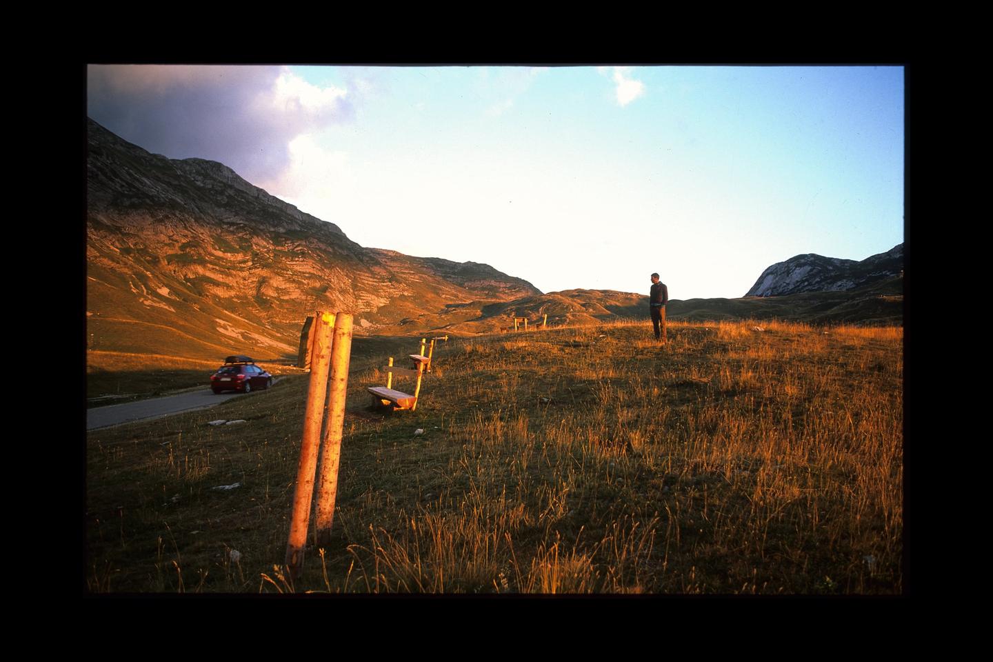 A man stands in a grassy field with mountains in the background and a car on a road to the left.