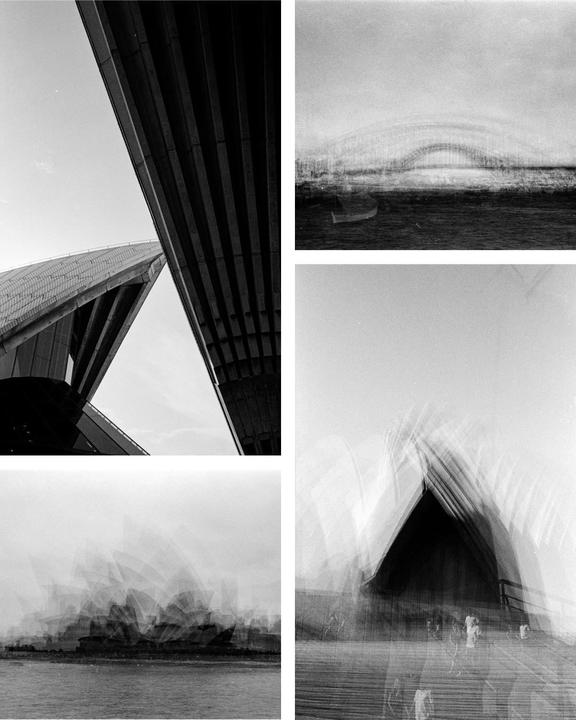 Four black and white images show the Sydney Opera House and Sydney Harbour Bridge with motion blur.