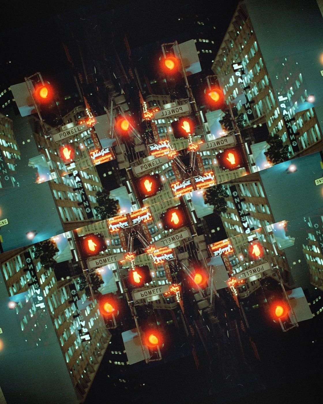 A chaotic collage of city street elements at night, including traffic lights, street signs, and building windows.