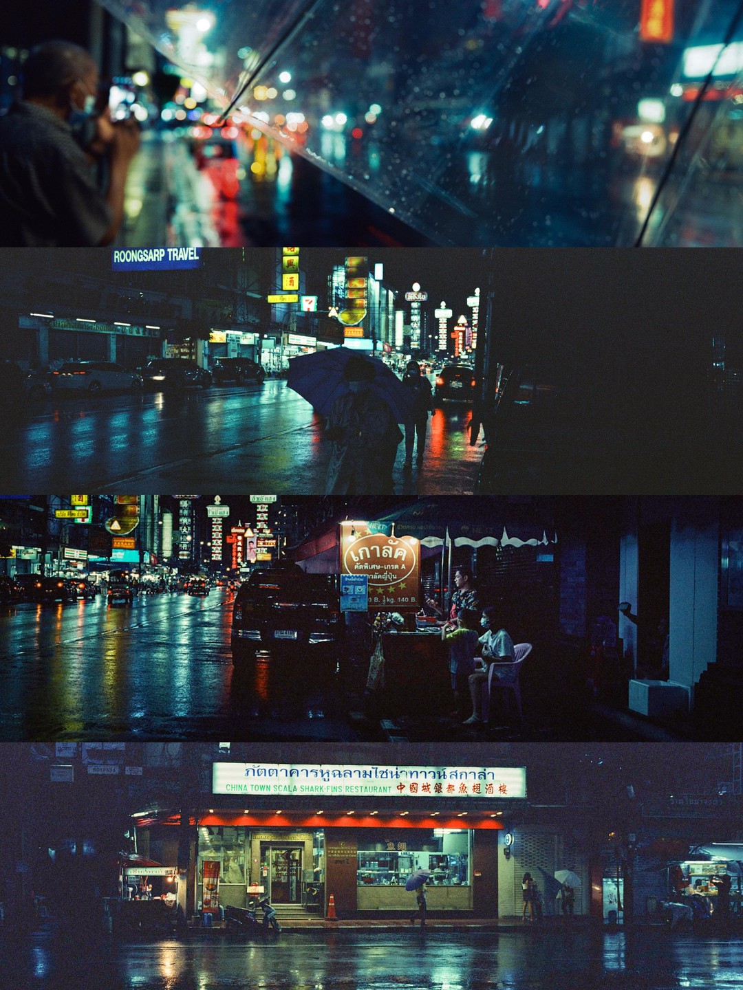 A four-panel photo shows various street scenes in Chinatown at night during a rain shower, with neon signs and reflections on wet pavement.