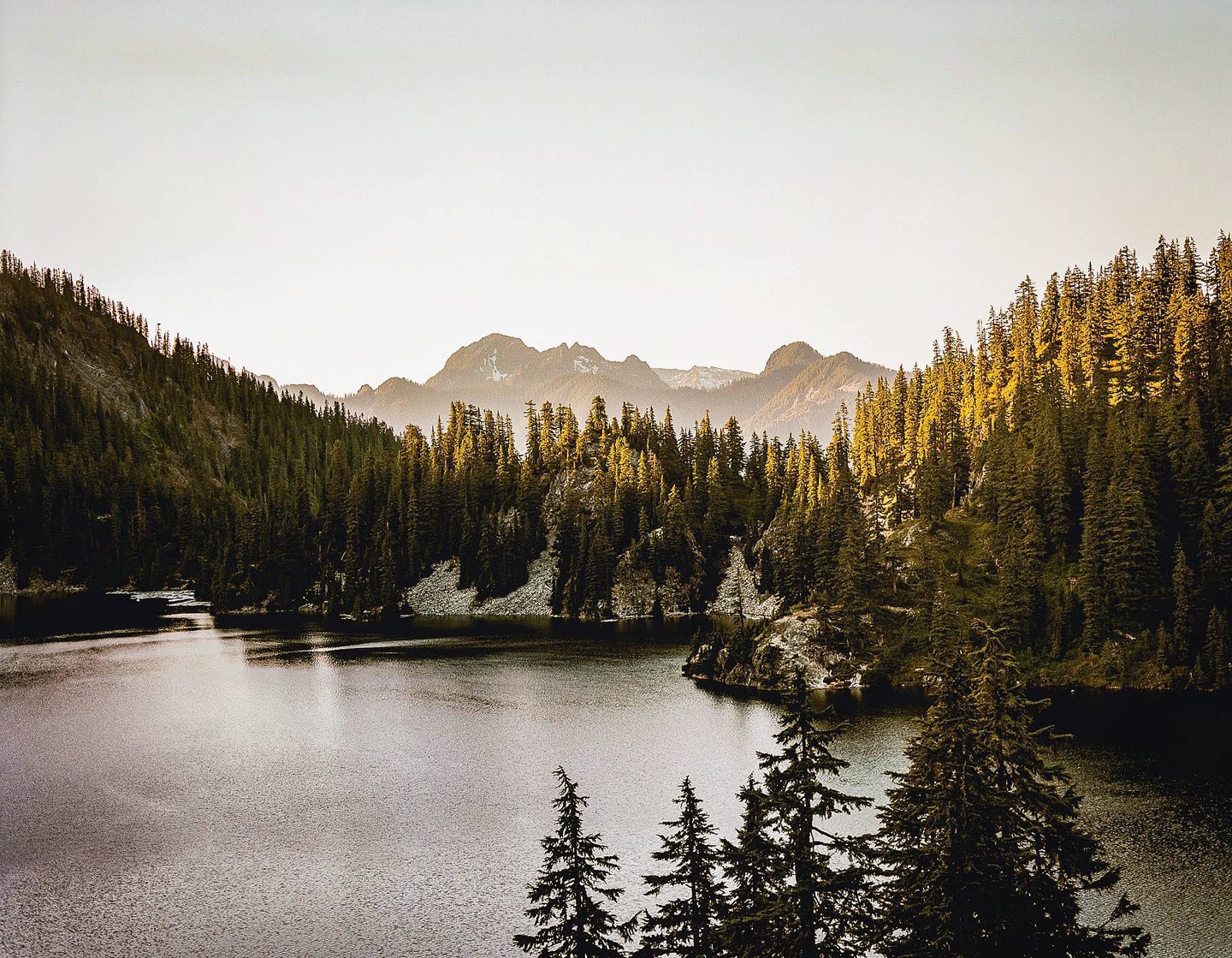 A lake is surrounded by a dense forest with mountains in the background under a bright sky.