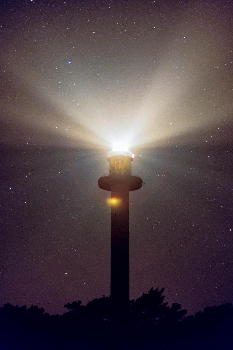 A lighthouse shines brightly against a starry night sky with trees silhouetted in the foreground.