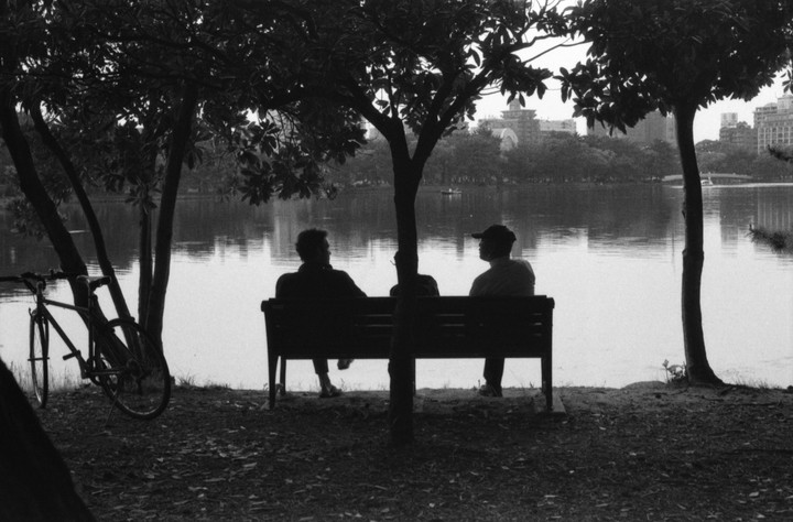 Two men sit on a park bench under trees, looking out at a lake with buildings in the distance.