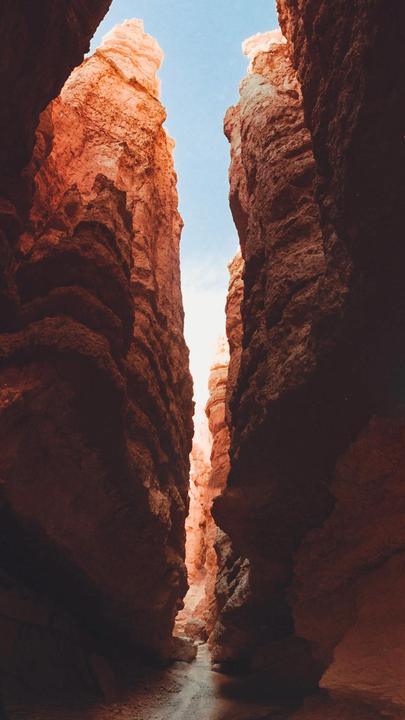 A narrow canyon with towering red rock walls is illuminated by sunlight from above.