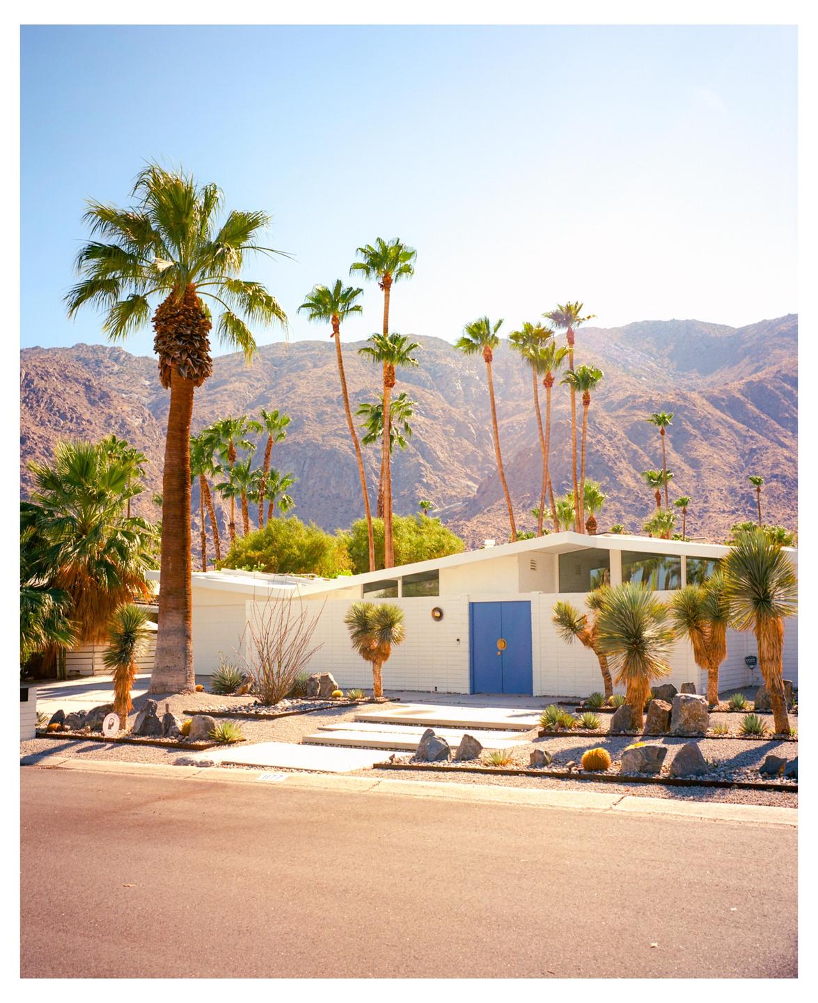 A white house with a blue door is surrounded by palm trees and desert landscaping with mountains in the background.