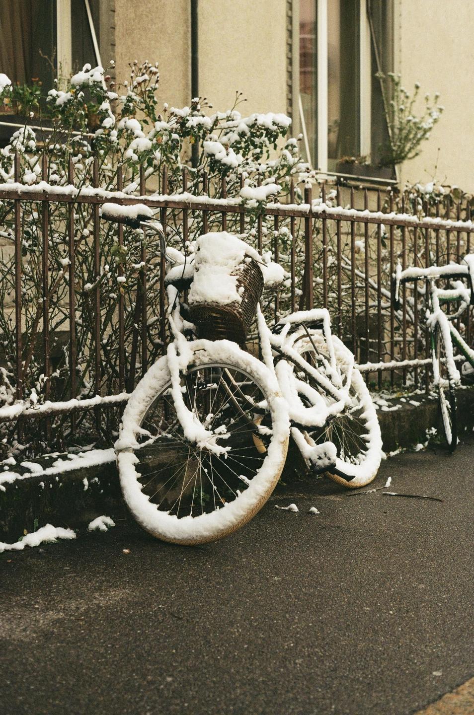 A bicycle covered in snow is parked next to a fence with snow-dusted bushes in front of a building.