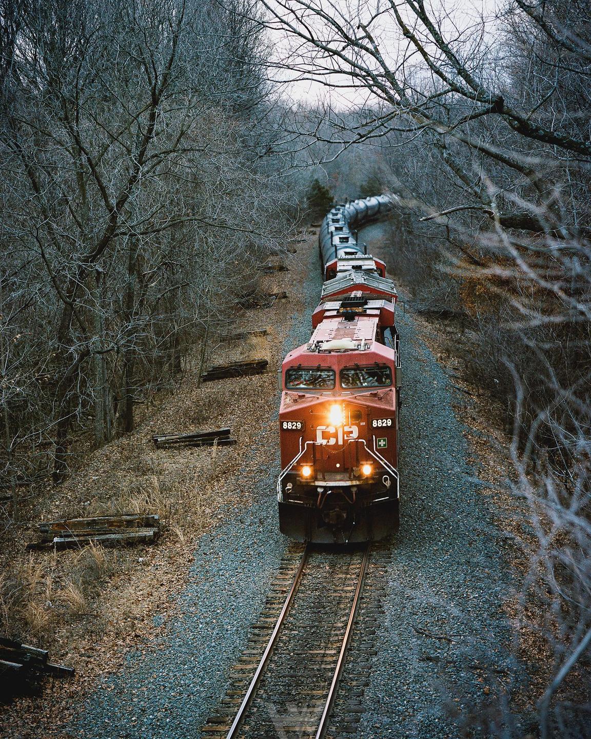A red freight train with its headlights on travels through a forest with bare trees.