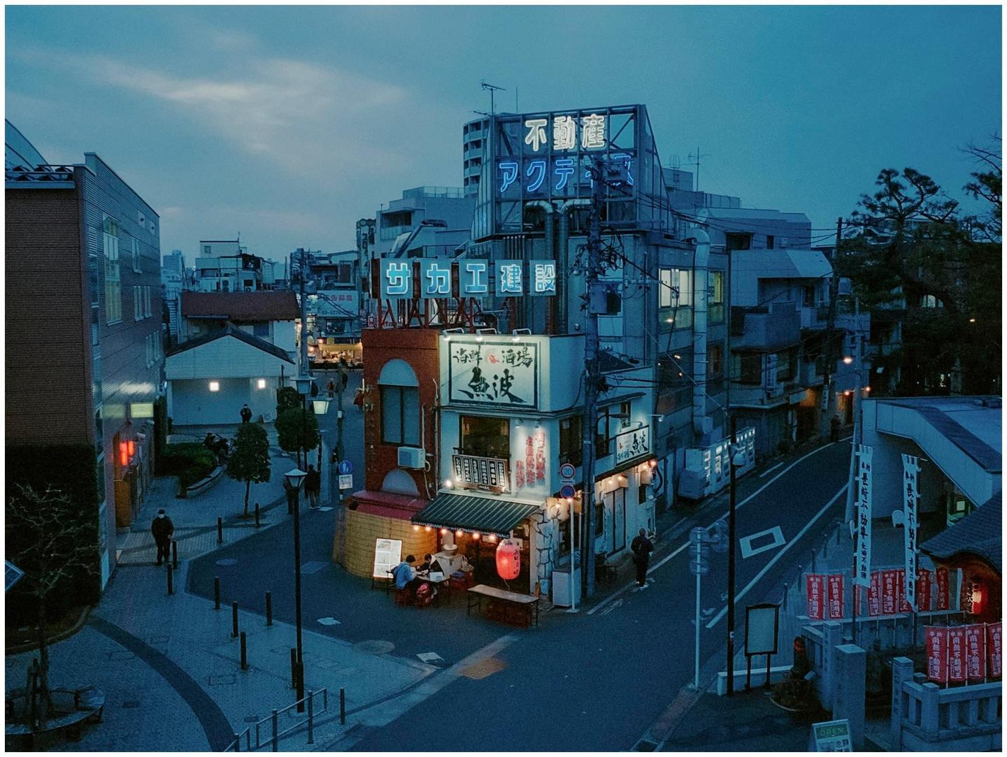 A street in Japan is illuminated by neon signs and streetlights at dusk.