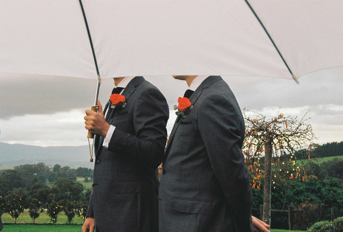 Two men in suits with red boutonnieres stand under a white umbrella in a grassy field with trees and mountains in the background.