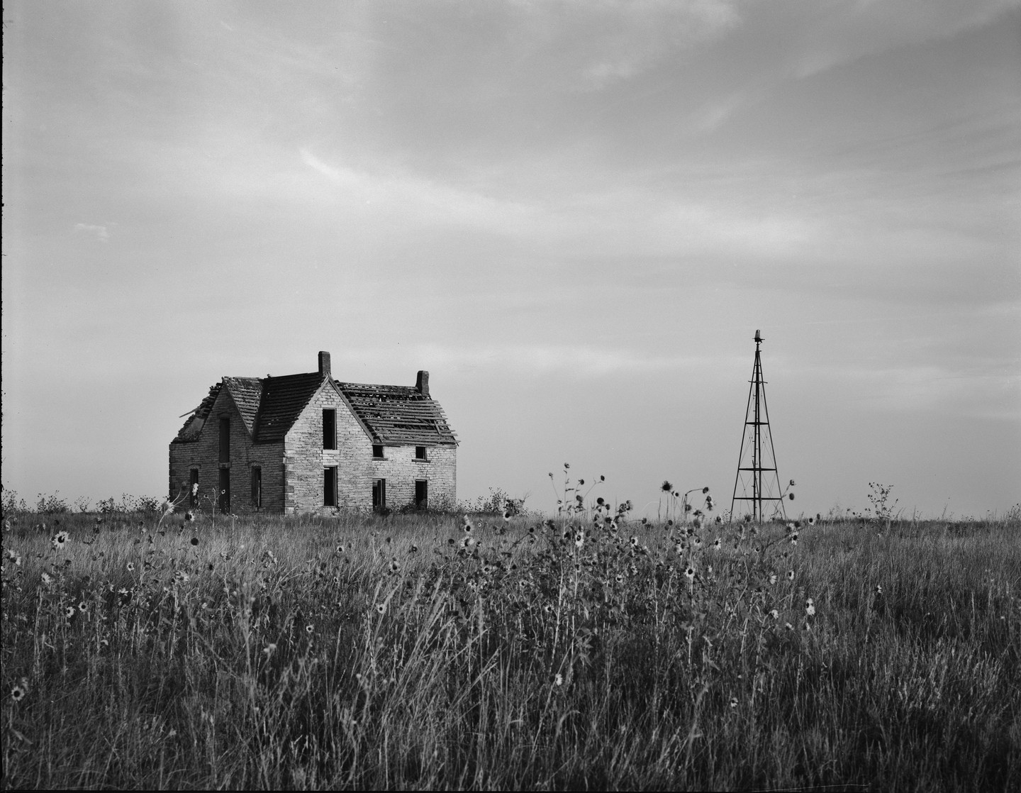 An abandoned stone house and a windmill stand in a field of tall grass and wildflowers under a cloudy sky.