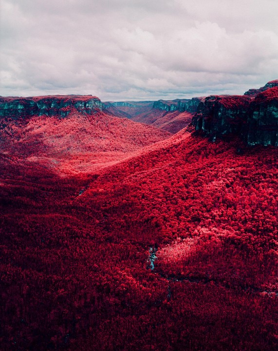 A valley with red trees and dark cliffs is visible under a cloudy sky.