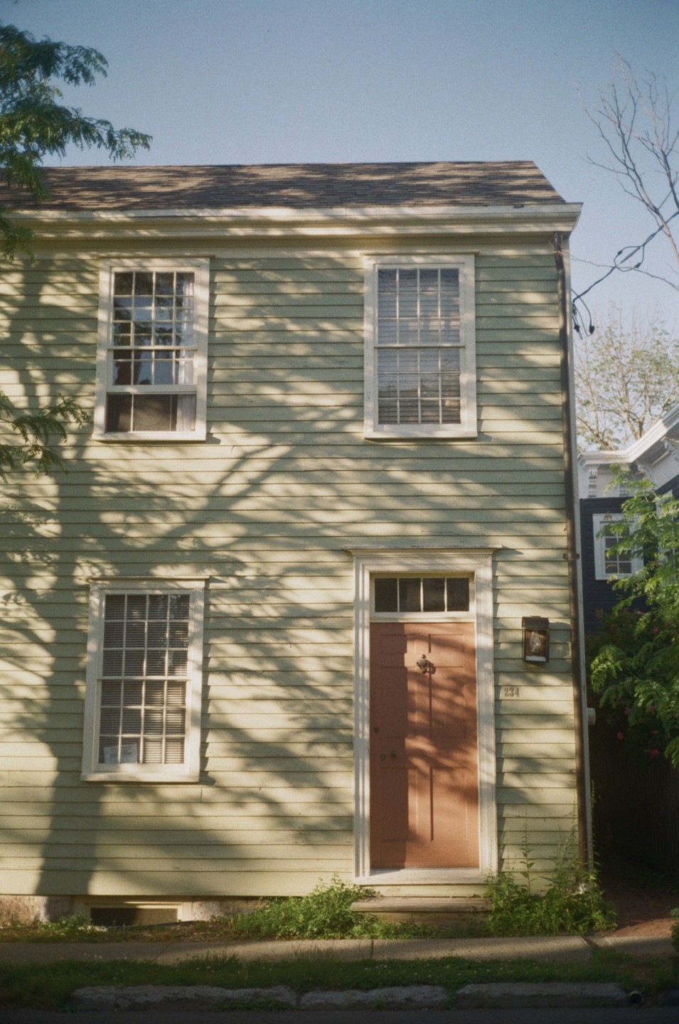 A light green house with a brown door and white-trimmed windows is covered in shadows from a nearby tree.
