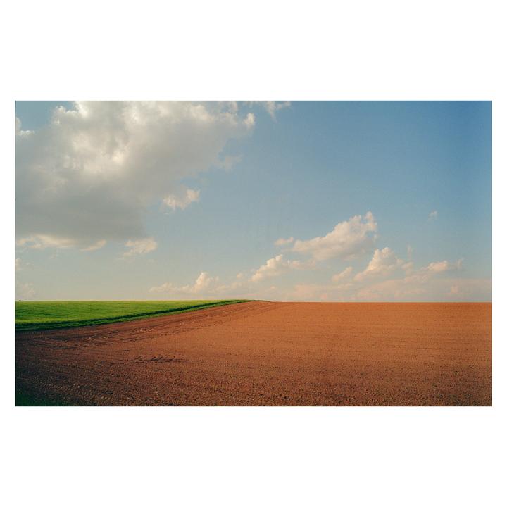 A field is divided into a green section and a brown section under a blue sky with clouds.