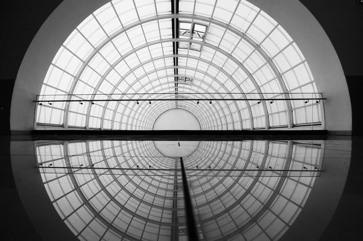 A long, arched, gridded skylight is reflected in the shiny floor below.
