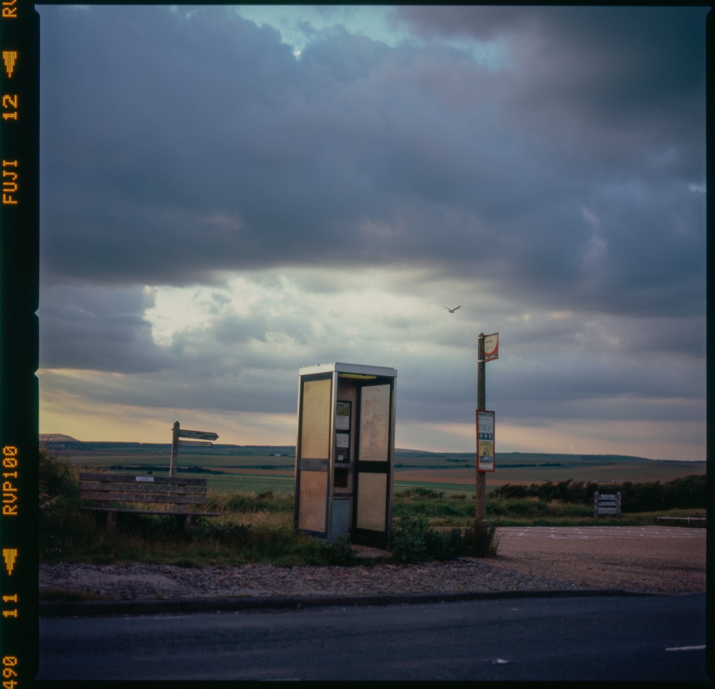 A telephone booth and a wooden bench sit by a road under a cloudy sky, with a bird flying overhead.