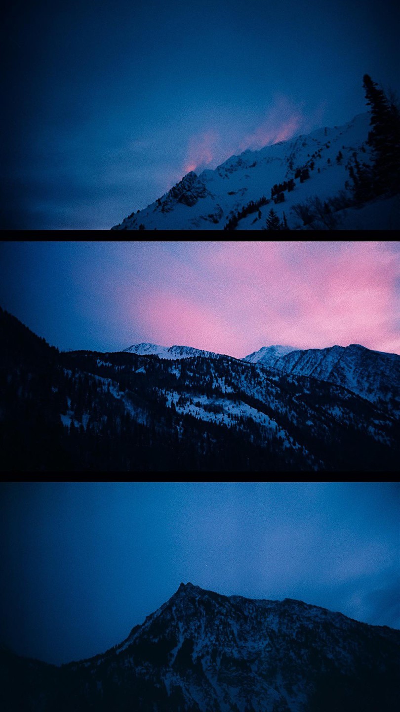 Three distinct images of snow-covered mountains are presented, with the middle image featuring a vibrant pink and purple sky.