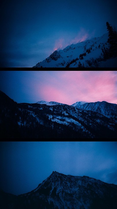 Three distinct images of snow-covered mountains are presented, with the middle image featuring a vibrant pink and purple sky.
