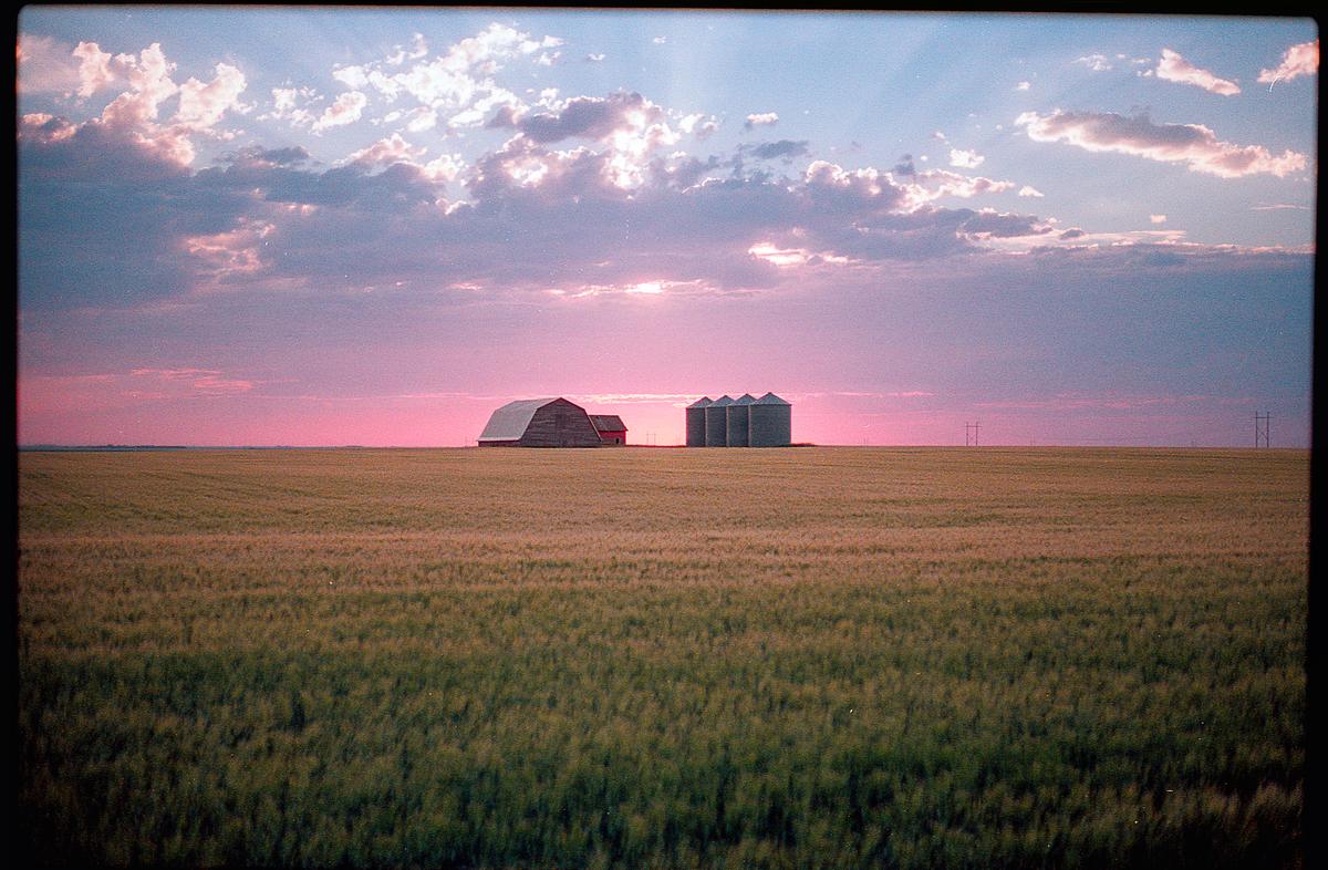 A barn and grain silos stand in a field under a pink and purple sunset.