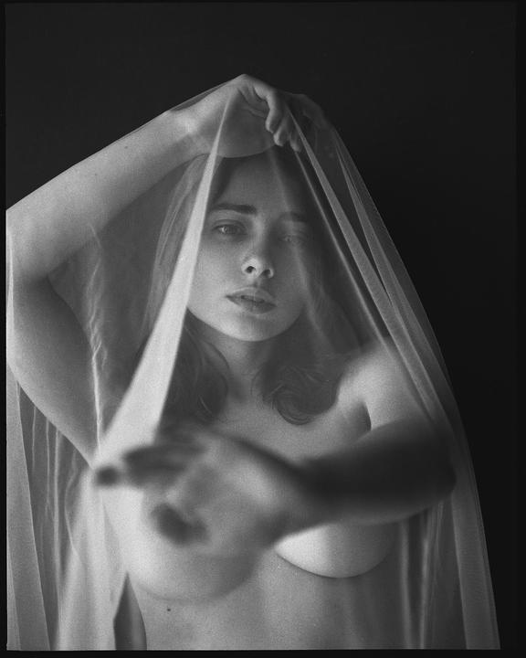 A woman with bare shoulders looks directly at the viewer through a sheer veil that she holds above her head.