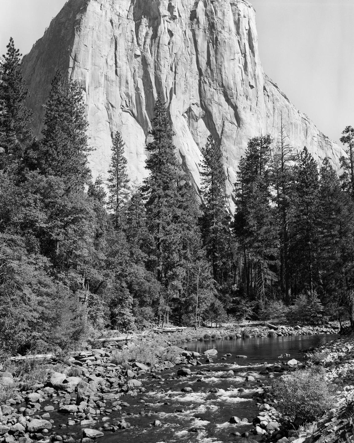 A river with rocks and trees flows in front of a large mountain.