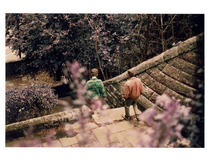 Two people walk down a stone staircase surrounded by trees and bushes.