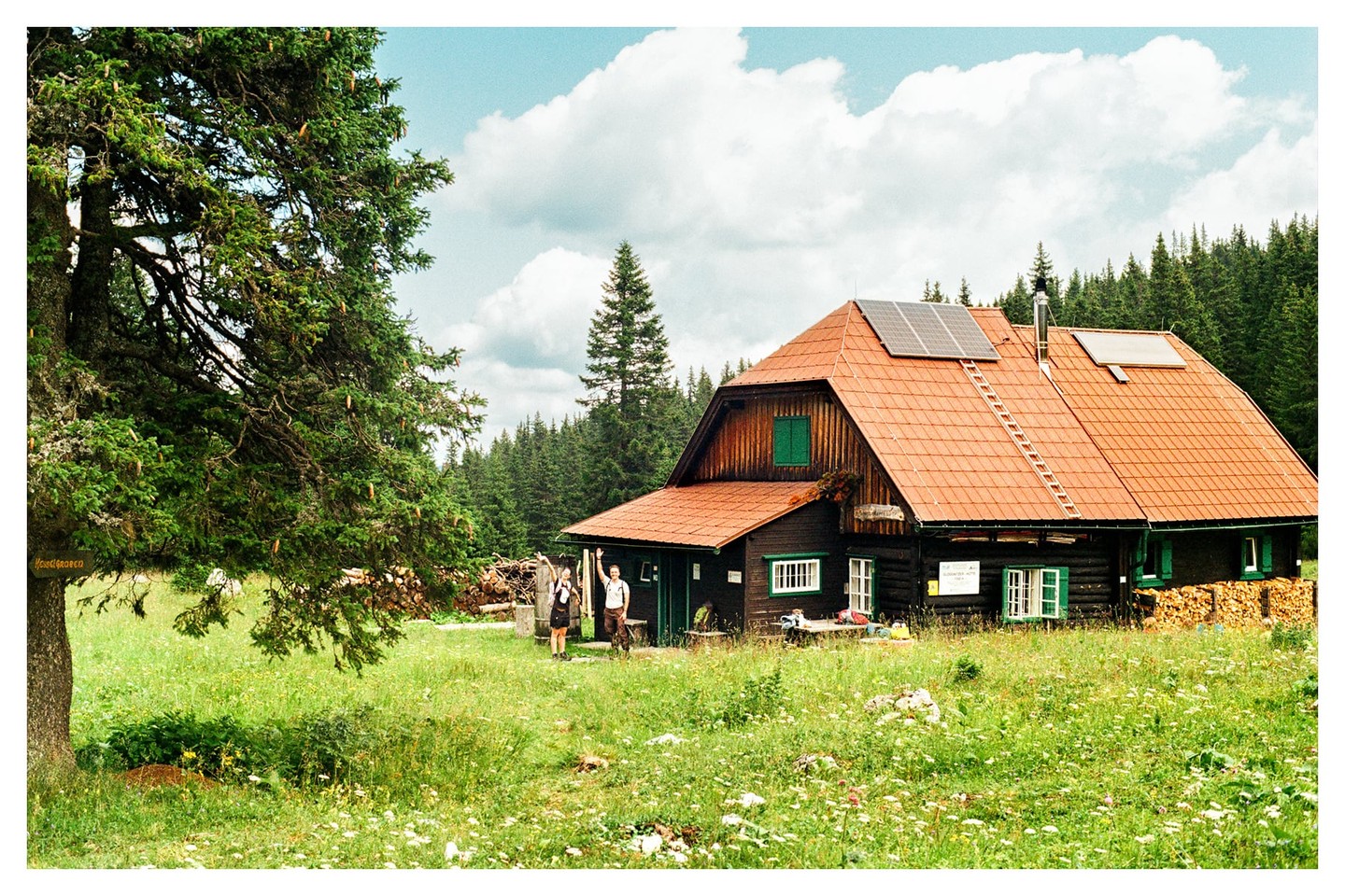 A couple stands in a grassy field in front of a wooden cabin with a red roof and solar panels, surrounded by a forest.