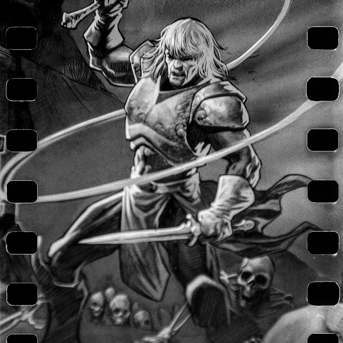 A warrior with long hair and armor holds a sword and a bone, surrounded by skulls.