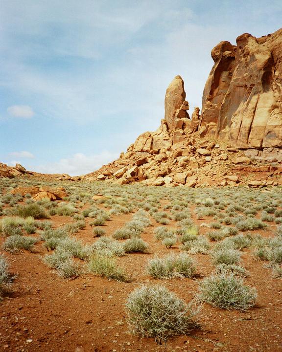 A desert landscape features red earth, green bushes, and large rock formations under a blue sky.