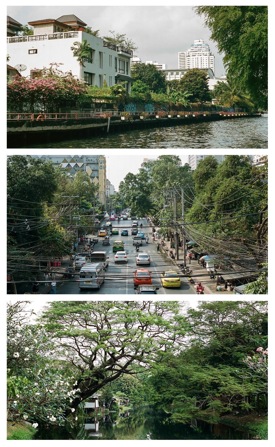 Three distinct views of Bangkok are presented, showing a canal with buildings, a busy street with traffic and overhead wires, and a serene canal framed by lush trees.