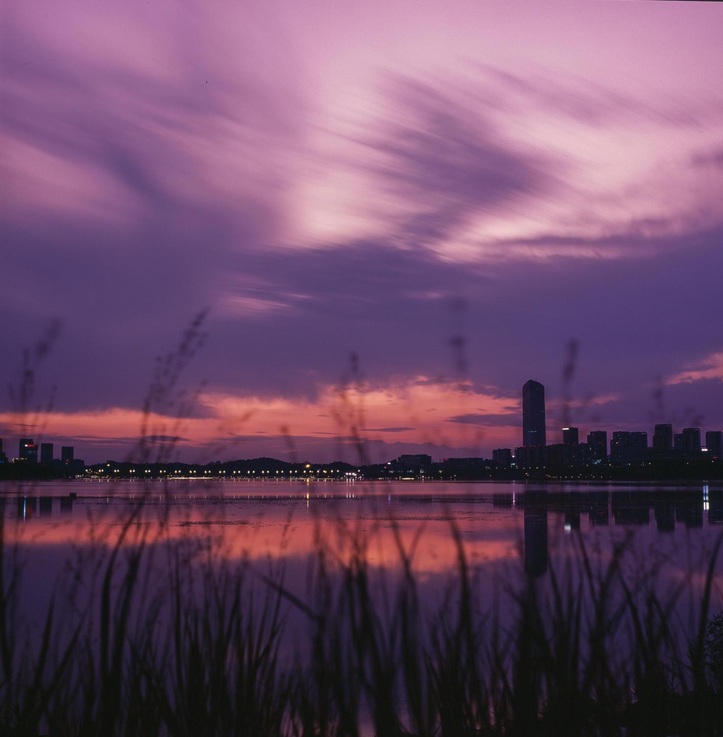 A long exposure captures the movement of clouds over a city skyline reflected in a lake at dusk, with tall grass in the foreground.