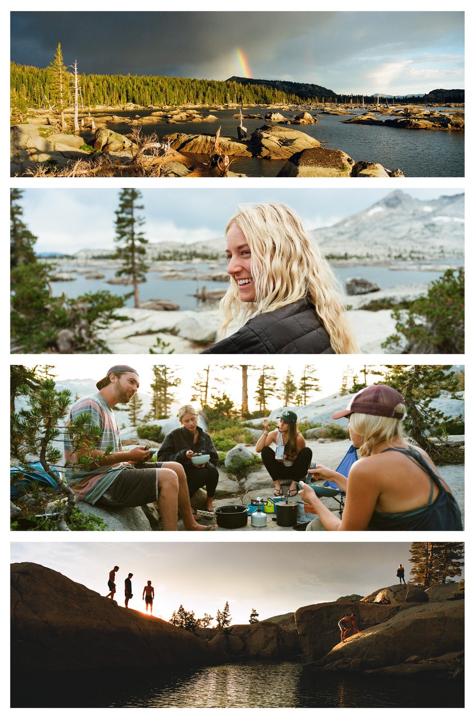 A collage of four images shows a rainbow over a lake, a woman smiling, a group of people cooking, and people standing on rocks near water.