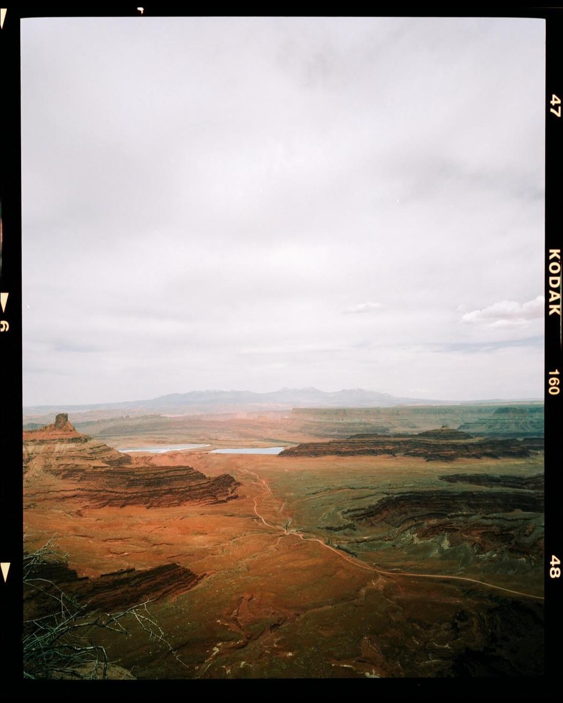 A vast desert landscape with red rock formations, green plains, and a distant body of water under a cloudy sky.
