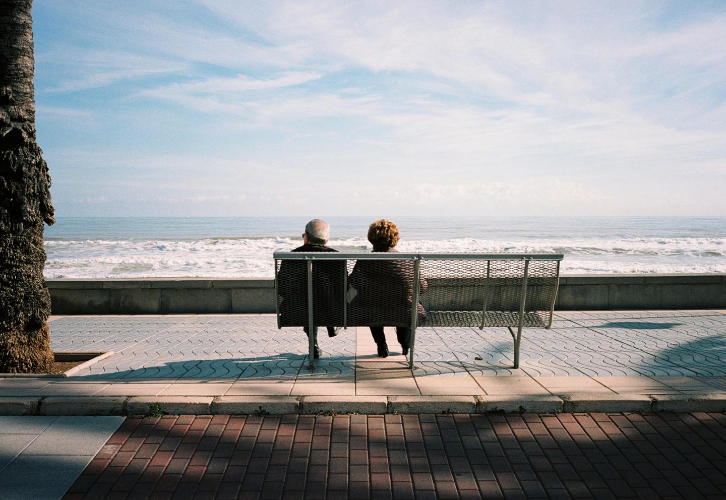 A couple sits on a bench facing the ocean with a tree trunk on the left.