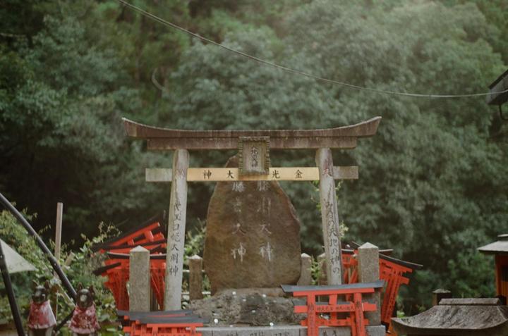 A stone monument with Japanese characters is surrounded by torii gates and two dog statues.