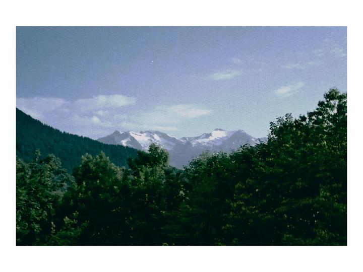 A mountain range with snow-capped peaks is visible behind a dense forest.