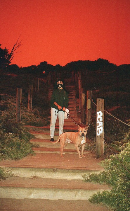 A woman wearing a mask stands on a dirt path with her dog on a leash, with a red sky in the background.