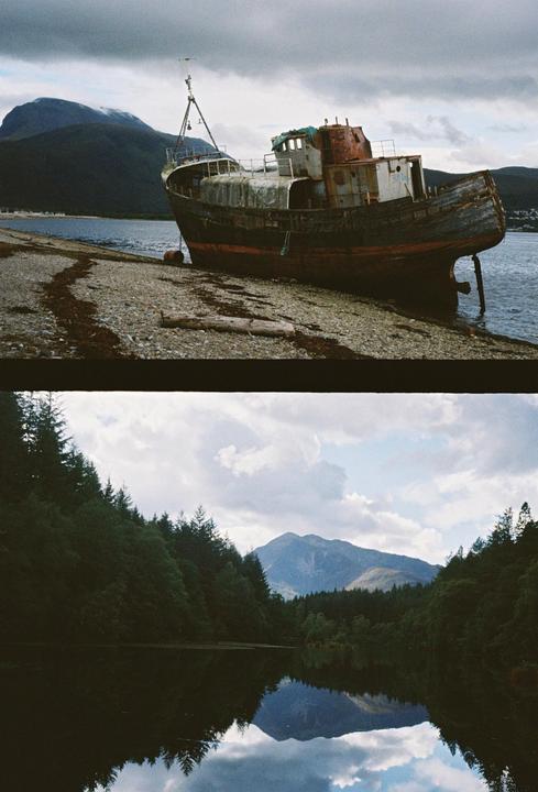 An old boat sits on a rocky shore next to a body of water with mountains in the background, and a second image shows a lake reflecting a mountain and sky surrounded by forest.