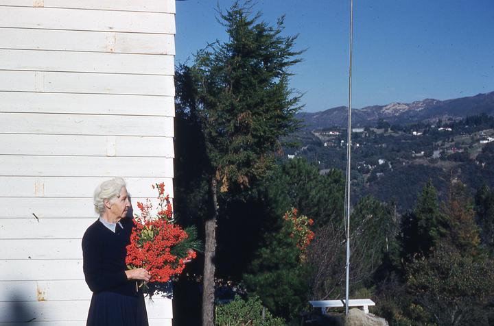 A woman stands next to a white building, holding a large bouquet of red berries and green foliage, with a mountainous landscape in the background.