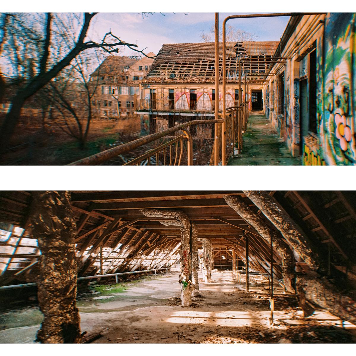 Two panoramic images show an abandoned building with a damaged roof and graffiti, and an attic with exposed wooden beams and pipes.