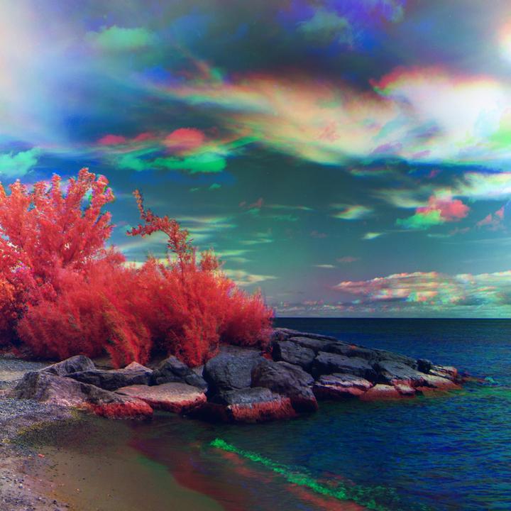 Red foliage grows on a rocky shore next to a body of water under a colorful sky.