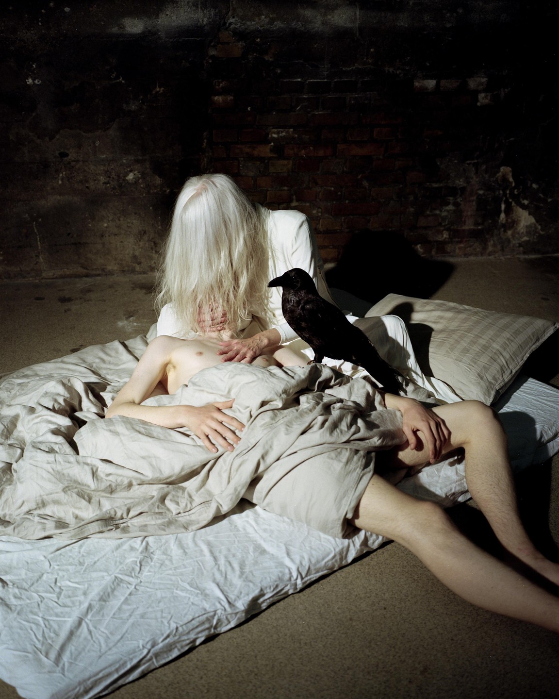A person with long white hair leans over another person lying in bed, with a crow perched nearby.