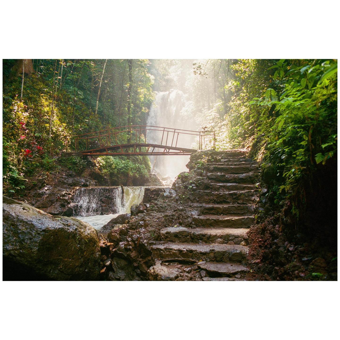 A waterfall cascades behind a small bridge and a stone staircase in a lush forest.